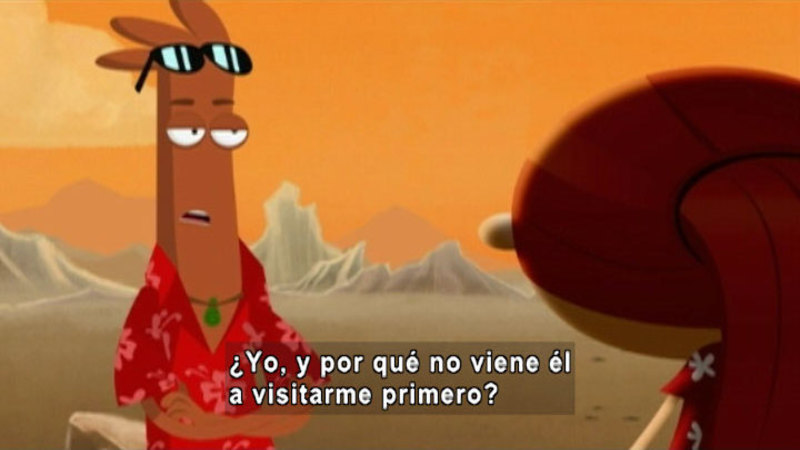 Cartoon of a person talking to an alien. Spanish captions.