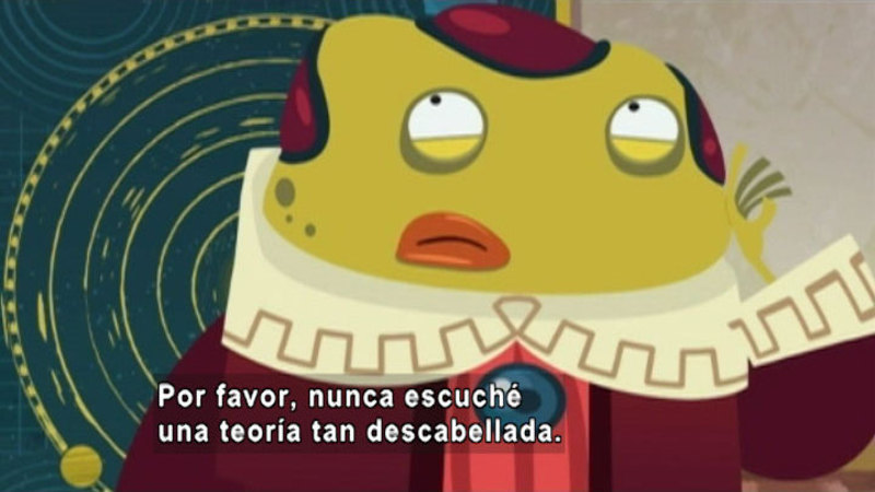 Cartoon of an alien in elaborate clothes. Spanish captions.