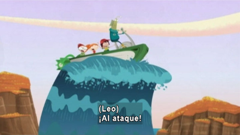 Cartoon of people and an alien in a watercraft, riding the crest of a large wave near land. Spanish captions.