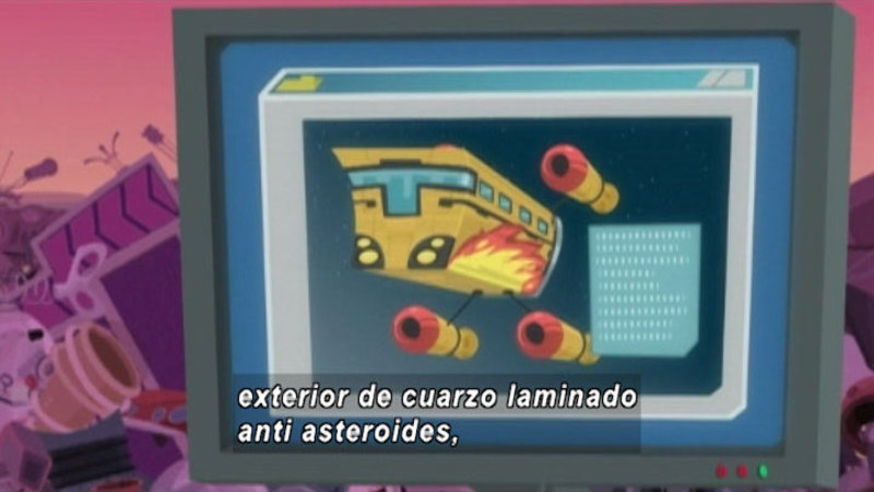 Cartoon of a computer screen displaying a spaceship. Spanish captions.