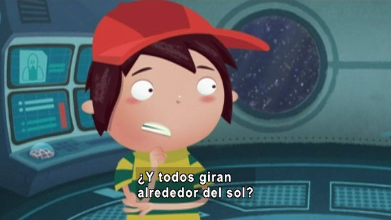 Cartoon of a person standing on the deck of a spaceship. Spanish captions.