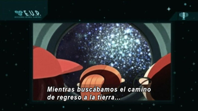 Cartoon characters looking out a window into space. Spanish captions.