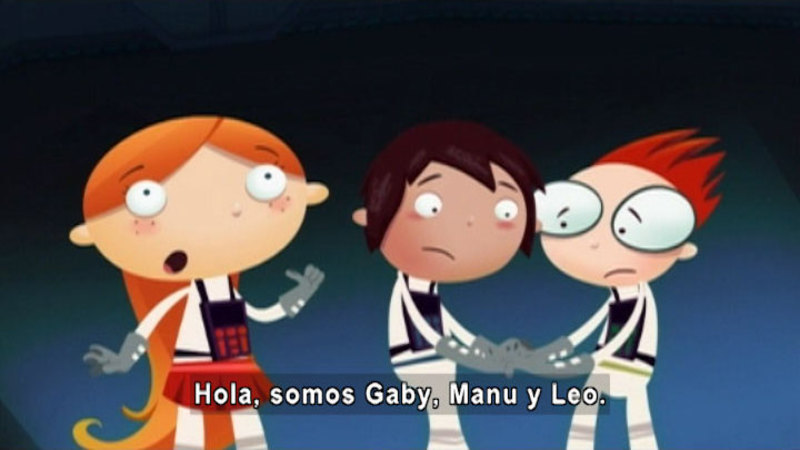Cartoon of three people in space suits. Spanish captions.