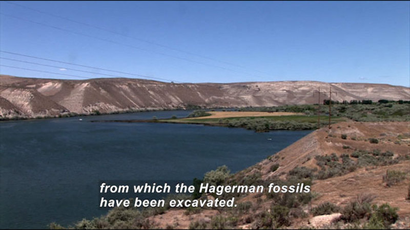 Sloped hills leading to a body of water. Caption: from which the Hagerman fossils have been excavated.