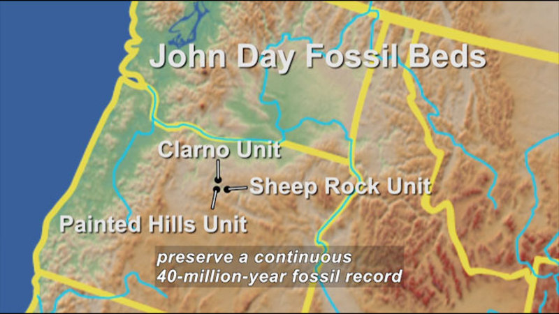 Map of the northwest United States showing John Day Fossil Beds in Washington, Idaho, and Montana. Clarno Unit, Sheep Rock Unit, and Painted Hills Unit are in Oregon. Caption: preserve a continuous 40-million-year fossil record