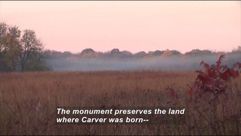 Open field of dry, brown grass with mist hovering above it. Caption: The monument preserves the land where Carver was born--