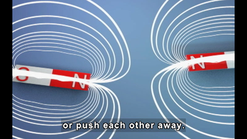Rectangular objects with one end labeled N and the other labeled O emitting half-ovals of wavelengths. Caption: or push each other away.