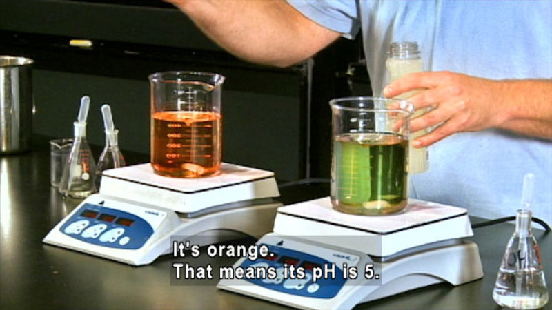 Person in a science lab. One beaker contains an orange liquid, and one beaker contains a green liquid. Caption: It's orange. That means its pH is 5.