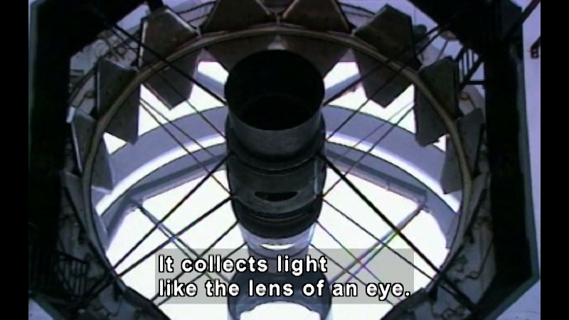 Internal view of a telescope. Caption: It collects light like the lens of an eye.