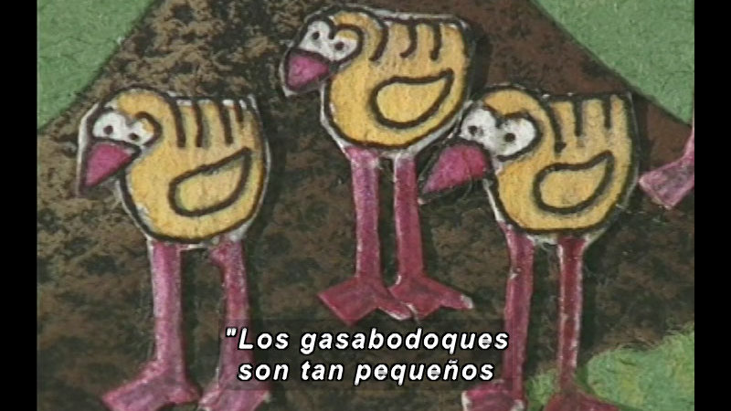Illustration of some birds with long legs and yellow bodies. Spanish captions.