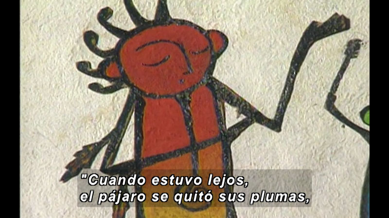 Illustration of a human-like insect figure. Spanish captions.