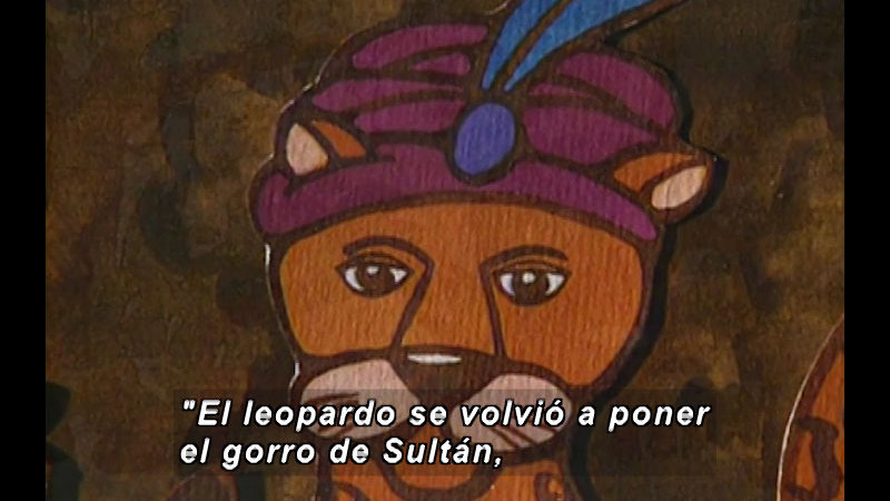 Illustration of a leopard wearing a turban with a jewel and a feather in it. Spanish captions.