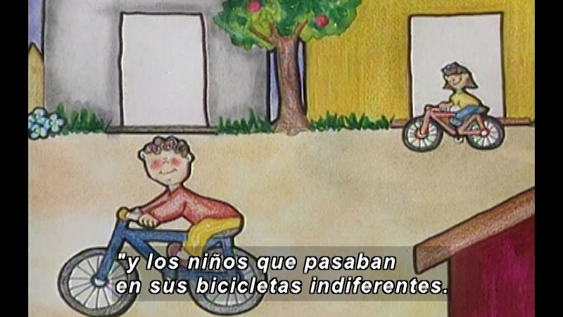 Illustration of two children riding bikes in front of a house. Spanish captions.
