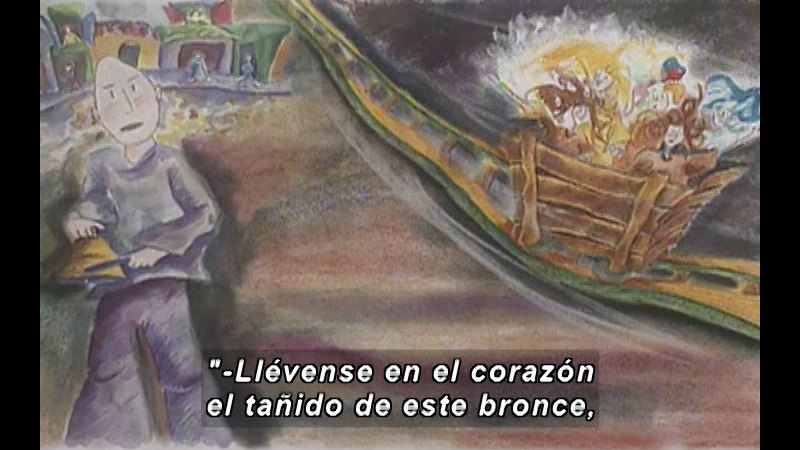 Illustration of a person standing next to railroad tracks while ringing a bell. A cart full of people rolls down the tracks. Spanish captions.