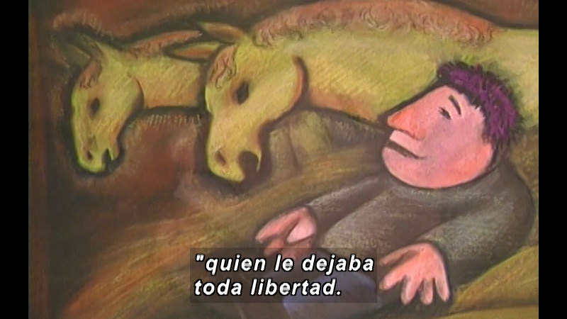 Illustration of a person and two horses. Spanish captions.