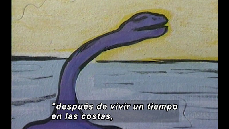 Illustration of an animal with a long neck and dinosaur-like head emerging from the water. Spanish captions.