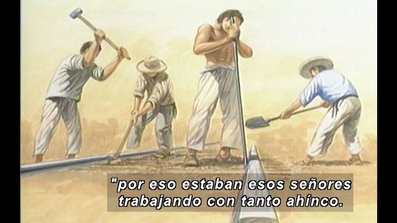 Four people with various tools working on railroad tracks. Spanish captions.