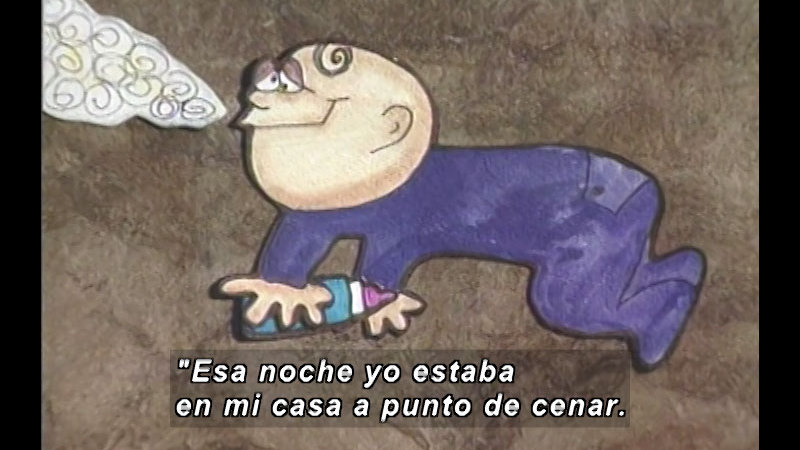 Illustration of a baby crawling toward a cloud of scent. Spanish captions.