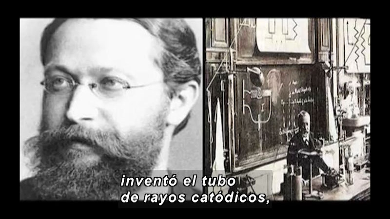 Black and white photo of man's face and that man in a science lab. Spanish captions.