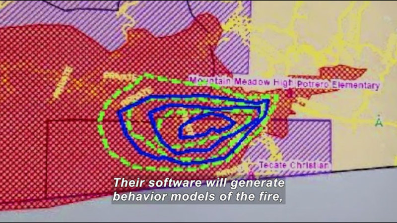 Map with areas shaded in different colors and patterns. Some locations are identified with text and others have lines of various patters indicating potential behavior of the fire. Caption: Their software will generate behavior models of the fire,