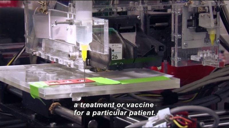 Complex machinery with a platform. Caption: a treatment or vaccine for a particular patient.