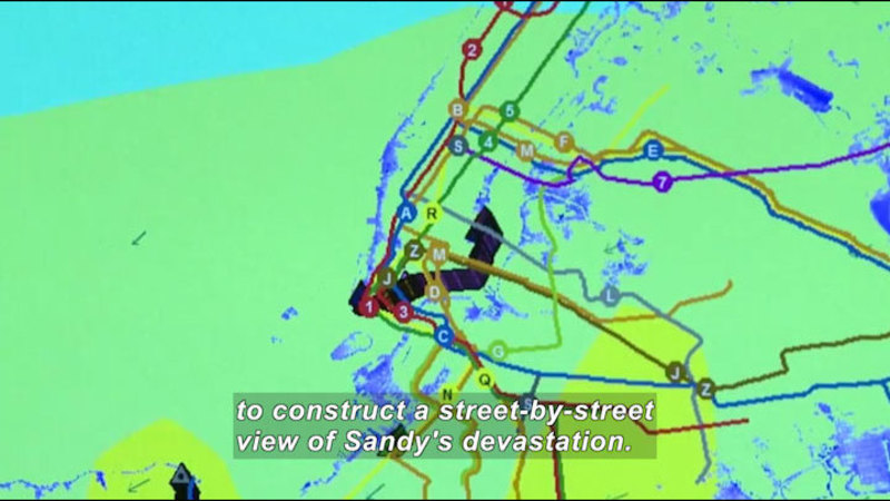 Graphic of streets outlined in various colors with letters and numbers assigned to the individual streets. Caption: to construct a street-by-street view of Sandy's devastation.