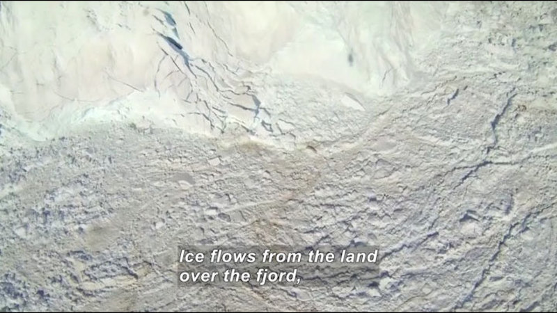 Aerial view of ice breaking apart as it flows onto land from an ice shelf. Caption: Ice flows from the land over the fjord,