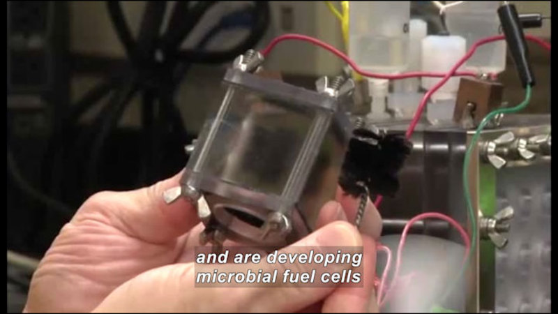 Person holding a small partially transparent cube with wires and other equipment attached. Caption: and are developing microbial fuel cells