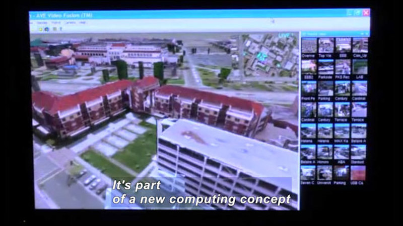 Computer screen showing the aerial view of a multi-story building and thumbnail views of other buildings. Caption: It's part of a new computing concept