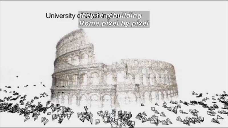 Wire frame diagram of a round building with columns and arches. Caption: They're rebuilding Rome pixel by pixel