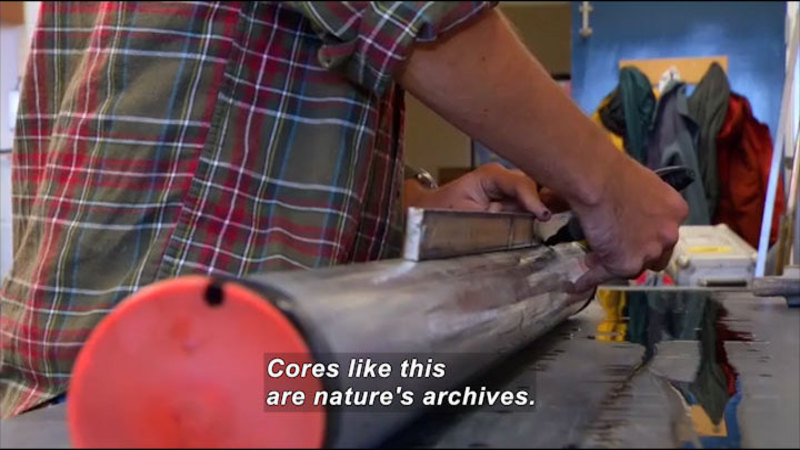 Person drawing a straight line down the side of a metal cylinder. Caption: Cores like this are nature's archives.