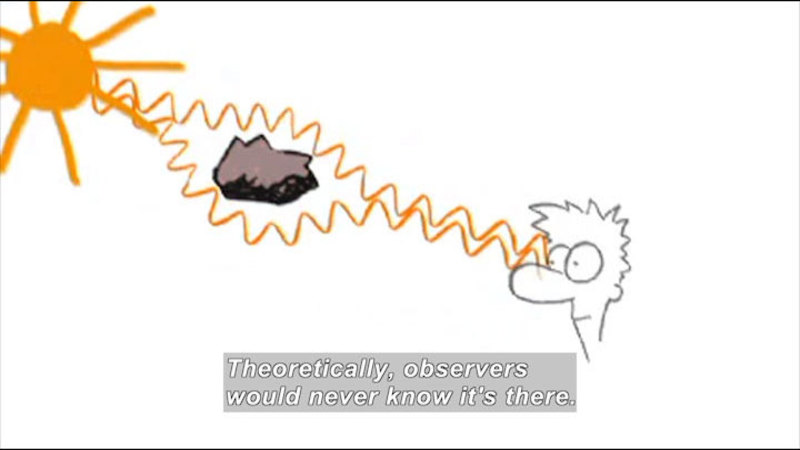 Drawing of the sun and a person with a rock in between them obscuring the rays of light from the sun. Caption: Theoretically, observers would never know it's there.
