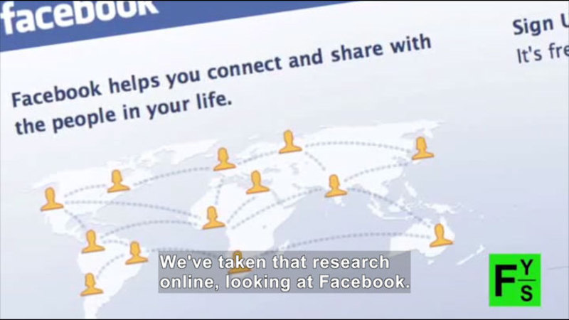Icons of people placed all around the world with lines connecting them to each other. Facebook helps you connect and share with the people in your life. Caption: We've taken that research online, looking at Facebook.