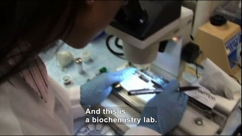 Person looking at a slide in a microscope. Caption: And this is a biochemistry lab.