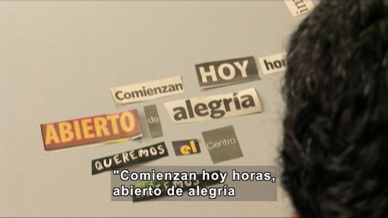 Word cut out from different print sources, arranged in phrases. Spanish captions.