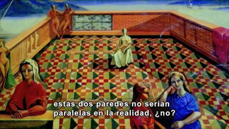 Painting of people sitting and standing in a tiled, open air area. Spanish captions.