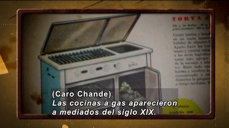 Illustration of an old gas stove. Spanish captions.