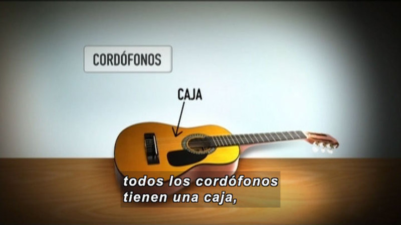 Illustration of a guitar. Spanish captions.
