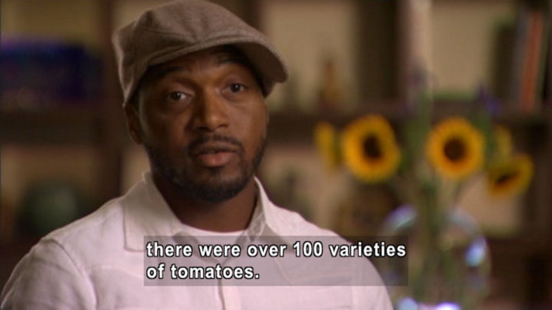 Person speaking. Caption: there were over 100 varieties of tomatoes.