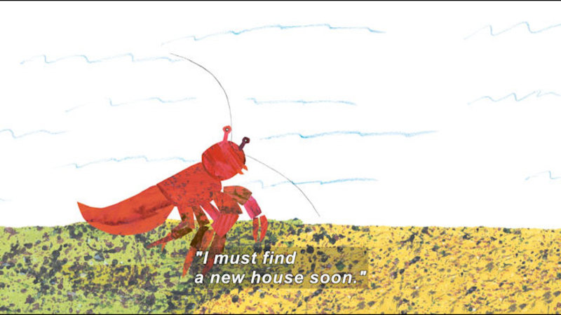 A hermit crab with no shell walking along the ocean floor as fish swim behind. Caption: I must find a new house soon.'