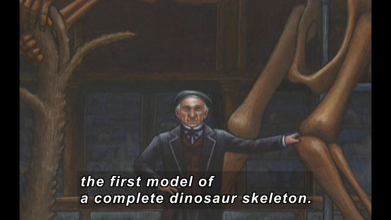 Illustration of a man standing with his arm out to touch a skeleton so large most of it is not captured in the image. Caption: the first model of a complete dinosaur skeleton.