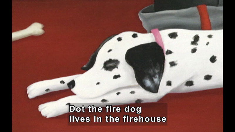 Illustration of a dalmatian sleeping on the floor, upper body visible. Caption: Dot the fire dog lives in the firehouse