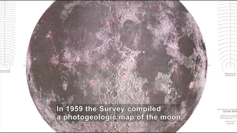 Detailed photograph of the moon. Caption: In 1959 the Survey compiled a photogeologic map of the moon