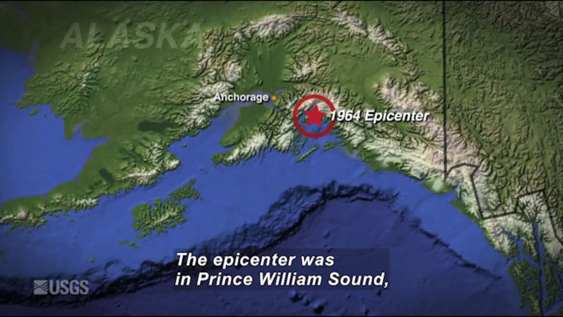 Map of Alaska with Anchorage displayed. 1964 Epicenter indicated on coastline in bay adjacent to Anchorage. Caption: The epicenter was in Prince William Sound