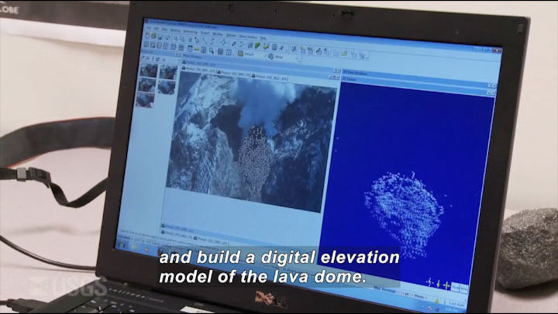 Laptop computer showing a split screen of a picture and a computer image. Caption: and build a digital elevation model of the lava dome.