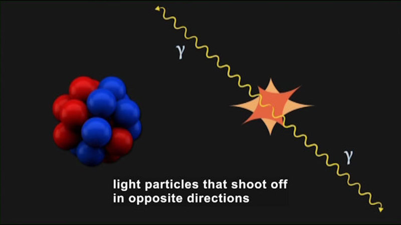 Spherical object and a wavy line passing through something in the center. Caption: light particles that shoot off in opposite directions