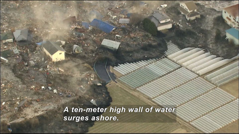 Debris filled water carries buildings and cars over cultivated fields. Caption: A ten-meter high wall of water surges ashore.