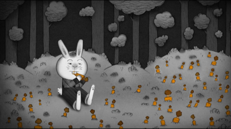 Illustration of a rabbit eating a carrot, wearing pants and a shirt, sitting in a field of carrots.