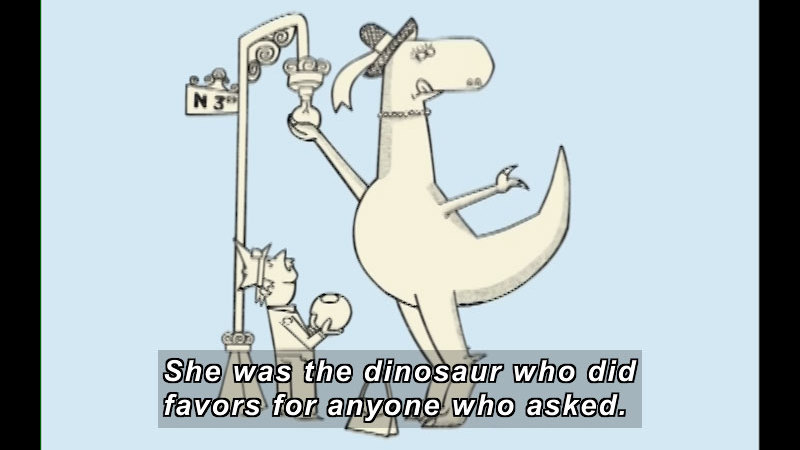 A large dinosaur wearing a hat and a necklace changes the lightbulb on a streetlamp while a police officer stands next to her holding the light cover. Caption: She was the dinosaur who did favors for anyone who asked.