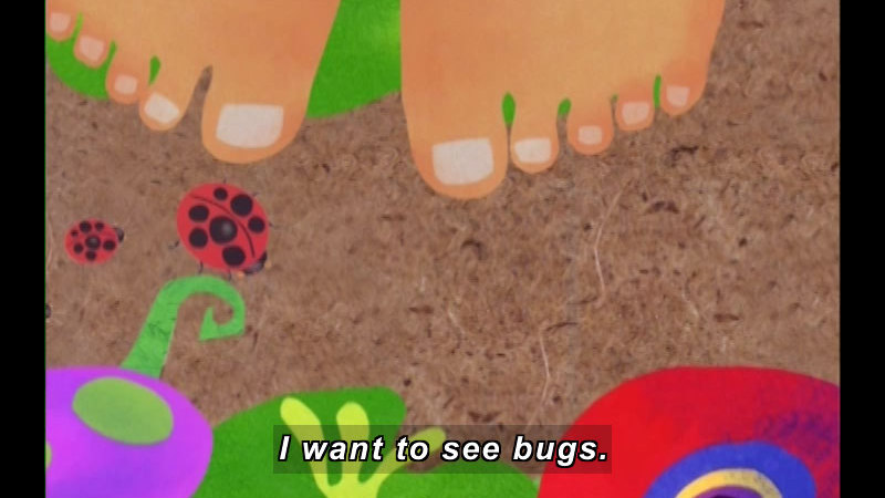 Illustration of bare feet on the ground with ladybugs and plants. Caption: I want to see bugs.